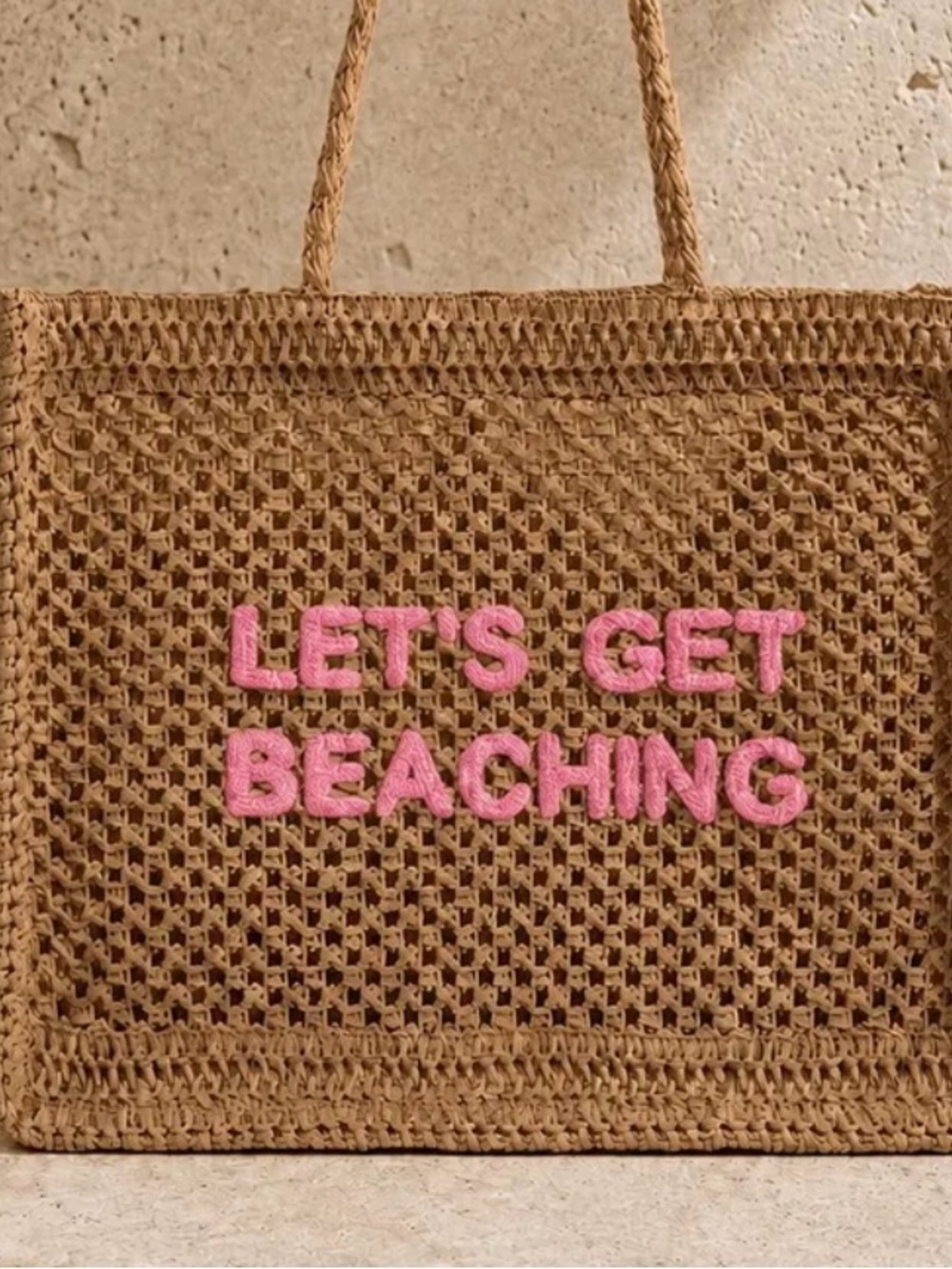 NWT Woven Straw Tote Bag with Pink 'LET'S GET BEACHING' Slogan